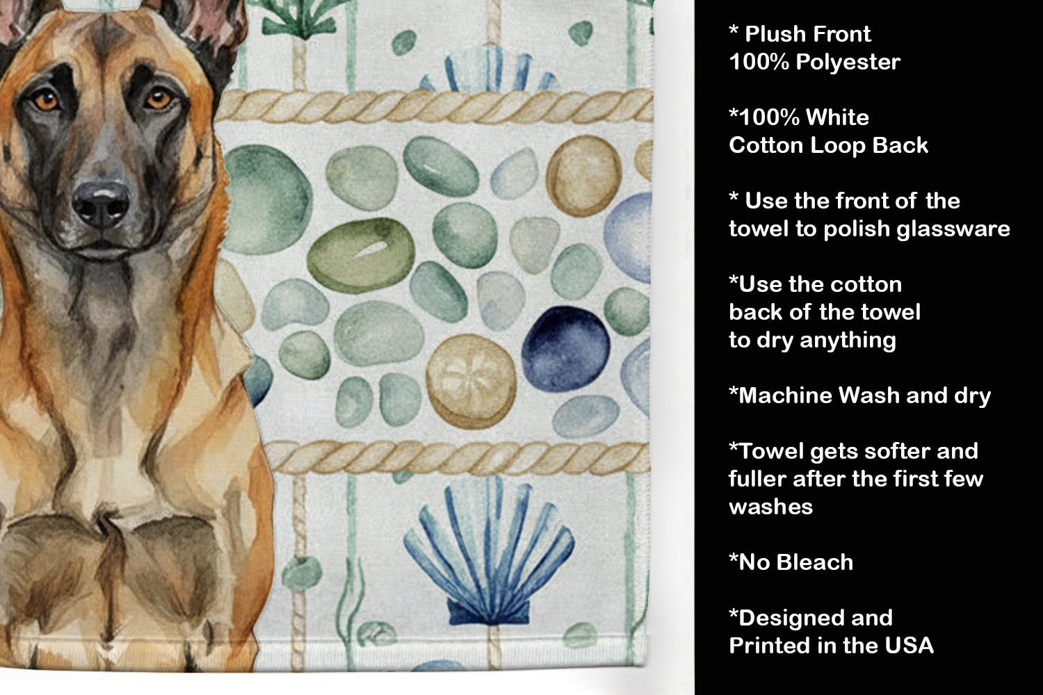 Belgian Malinois Coastal Sea Glass Kitchen Towel Velour Plush Front and Cotton Loop Back Machine Washable