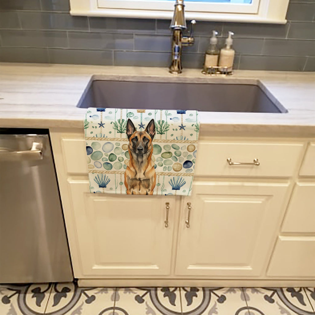 Belgian Malinois Coastal Sea Glass Kitchen Towel Velour Plush Front and Cotton Loop Back Machine Washable