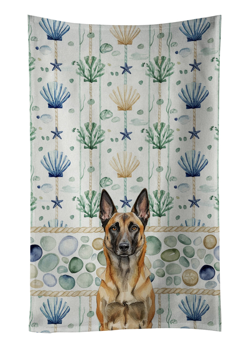 Belgian Malinois Coastal Sea Glass Kitchen Towel Velour Plush Front and Cotton Loop Back Machine Washable