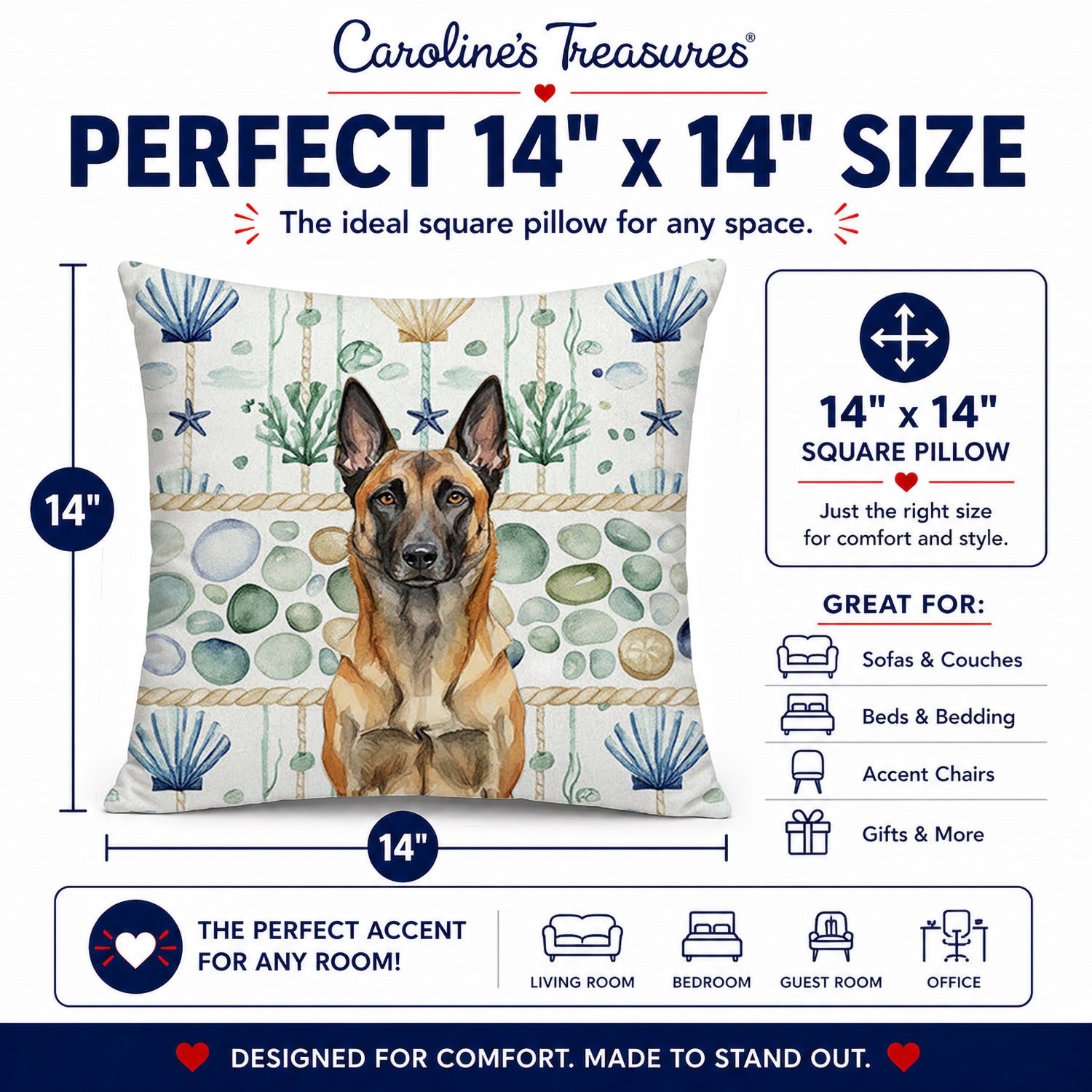 Belgian Malinois Coastal Sea Glass Decorative Throw Pillow 14x14 Indoor Outdoor Accent Cushion, Fabric Cover with Insert for Sofa, Bed, Porch & Living Room