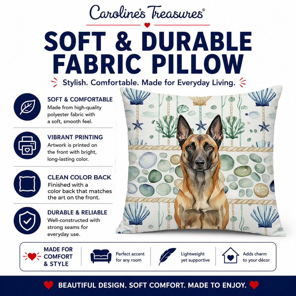 Belgian Malinois Coastal Sea Glass Decorative Throw Pillow 18x18 Indoor Outdoor Accent Cushion, Fabric Cover with Insert for Sofa, Bed, Porch & Living Room