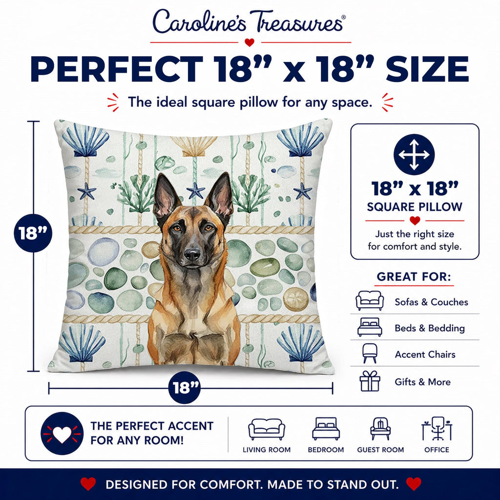 Belgian Malinois Coastal Sea Glass Decorative Throw Pillow 18x18 Indoor Outdoor Accent Cushion, Fabric Cover with Insert for Sofa, Bed, Porch & Living Room