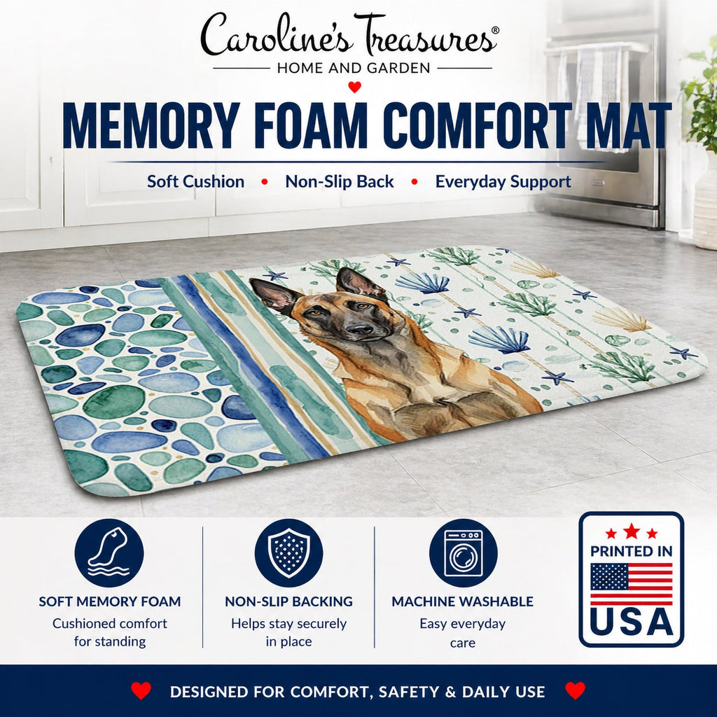 Belgian Malinois Coastal Sea Glass Memory Foam Kitchen Mat Machine Washable Anti-Fatigue Cushion Comfort Bath or Kitchen Rug