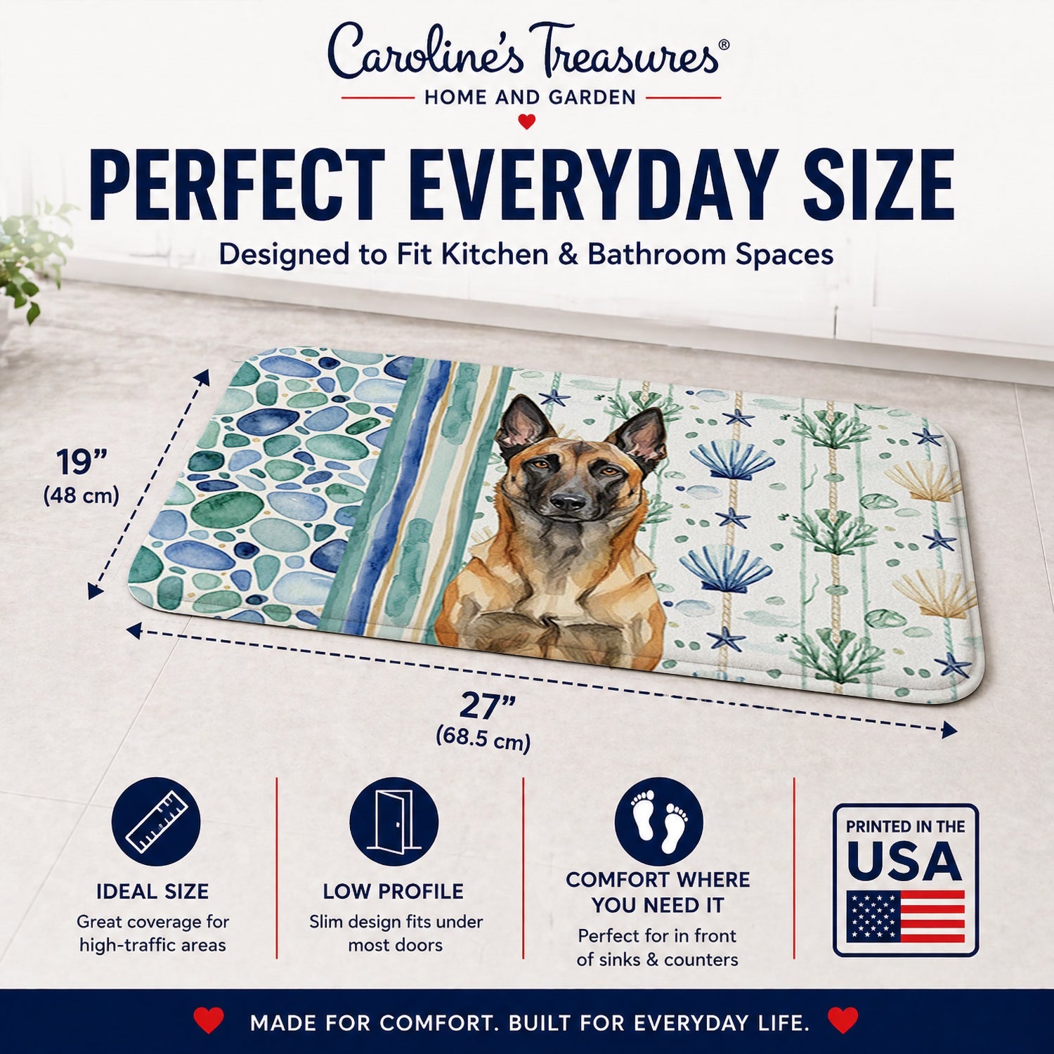 Belgian Malinois Coastal Sea Glass Memory Foam Kitchen Mat Machine Washable Anti-Fatigue Cushion Comfort Bath or Kitchen Rug