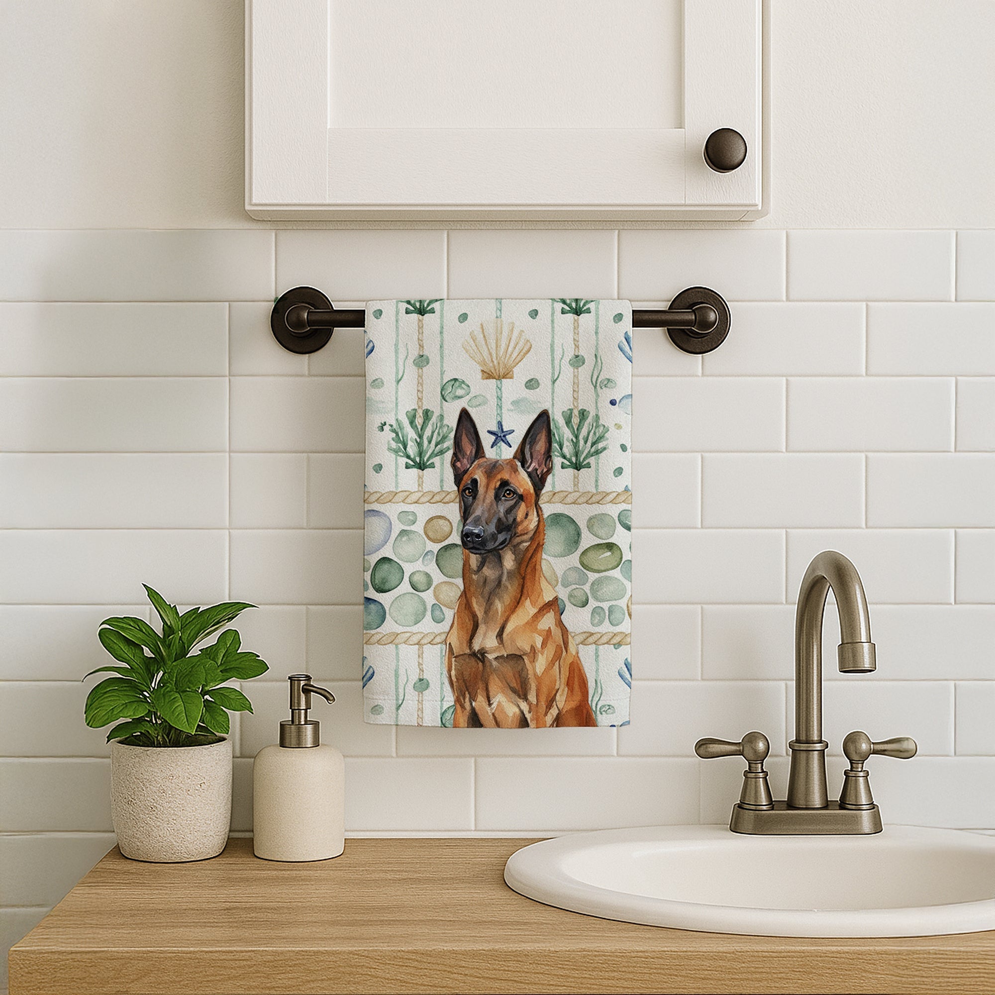 Mahogany Belgian Malinois Coastal Sea Glass Kitchen Towel Velour Plush Front and Cotton Loop Back Machine Washable