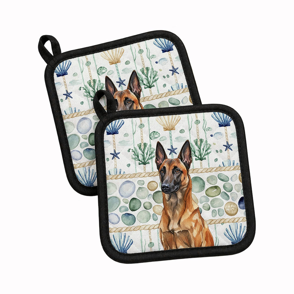 Mahogany Belgian Malinois Coastal Sea Glass Pot Holder Set of 2 Heat Resistant Quilted Hot Pads 7.5 x 7.5 Inch, Insulated Kitchen Trivets for Cooking & Baking