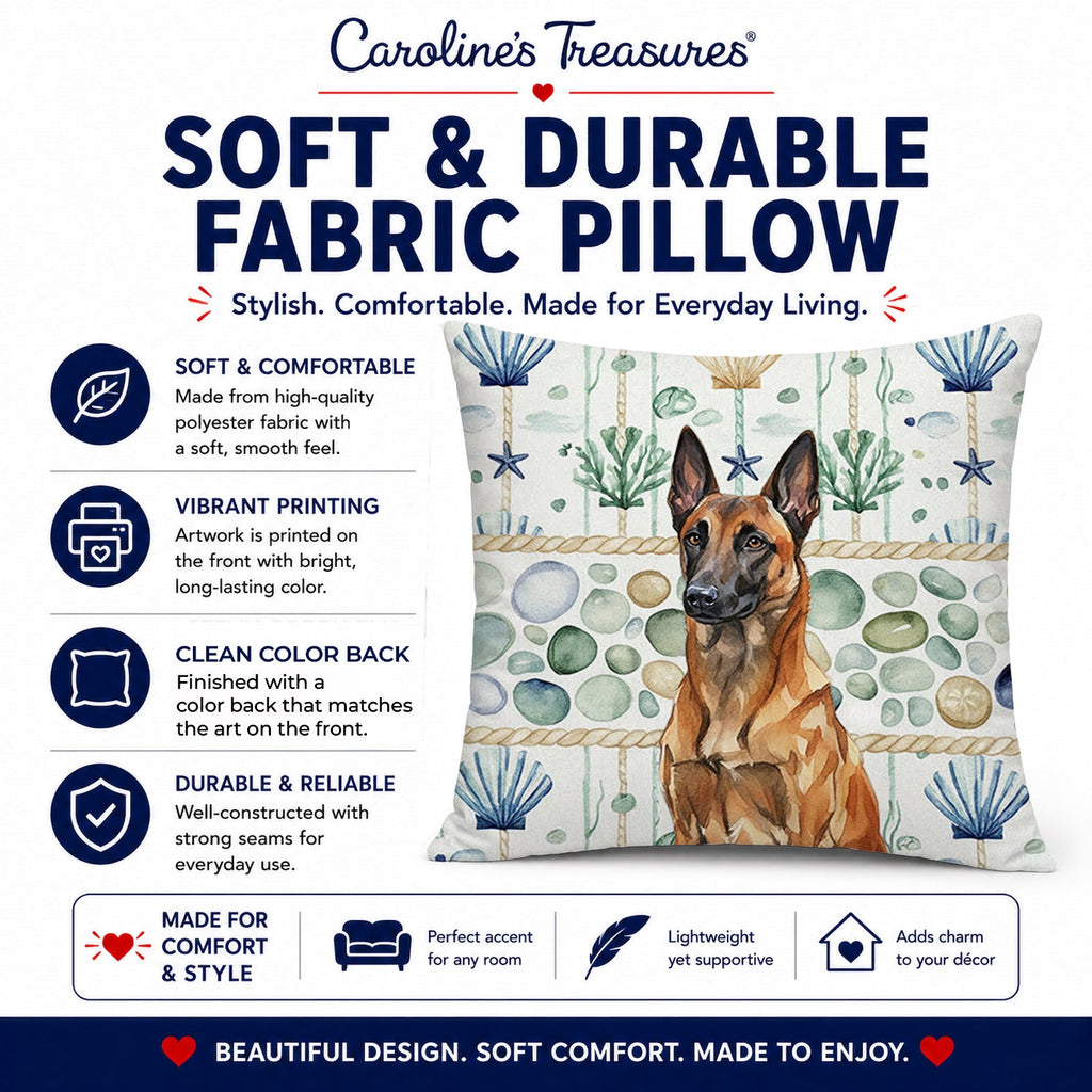 Mahogany Belgian Malinois Coastal Sea Glass Decorative Throw Pillow 14x14 Indoor Outdoor Accent Cushion, Fabric Cover with Insert for Sofa, Bed, Porch & Living Room