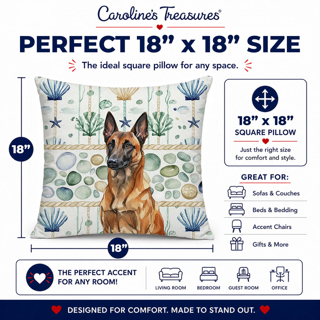 Mahogany Belgian Malinois Coastal Sea Glass Decorative Throw Pillow 18x18 Indoor Outdoor Accent Cushion, Fabric Cover with Insert for Sofa, Bed, Porch & Living Room