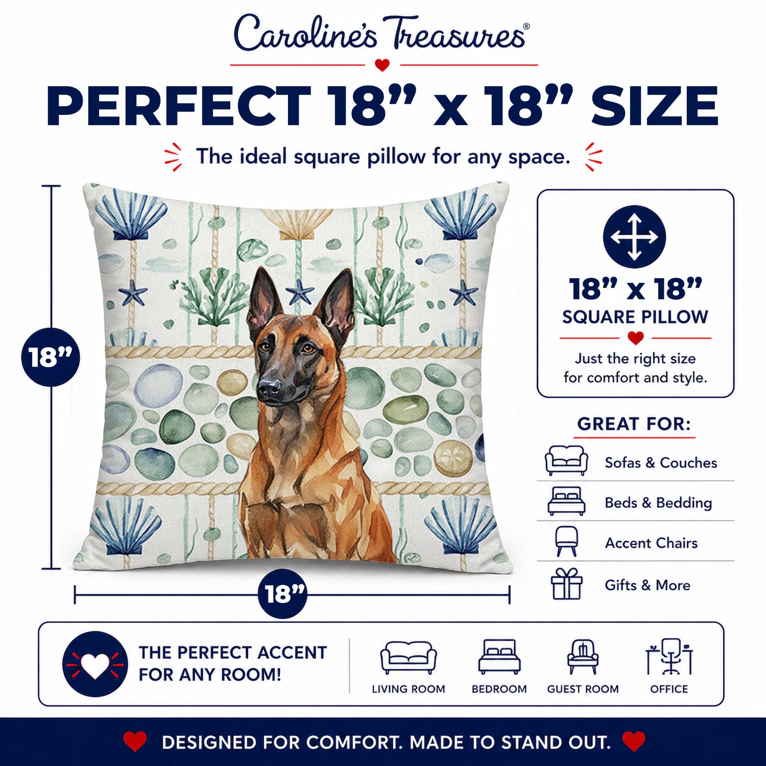 Mahogany Belgian Malinois Coastal Sea Glass Decorative Throw Pillow 18x18 Indoor Outdoor Accent Cushion, Fabric Cover with Insert for Sofa, Bed, Porch & Living Room