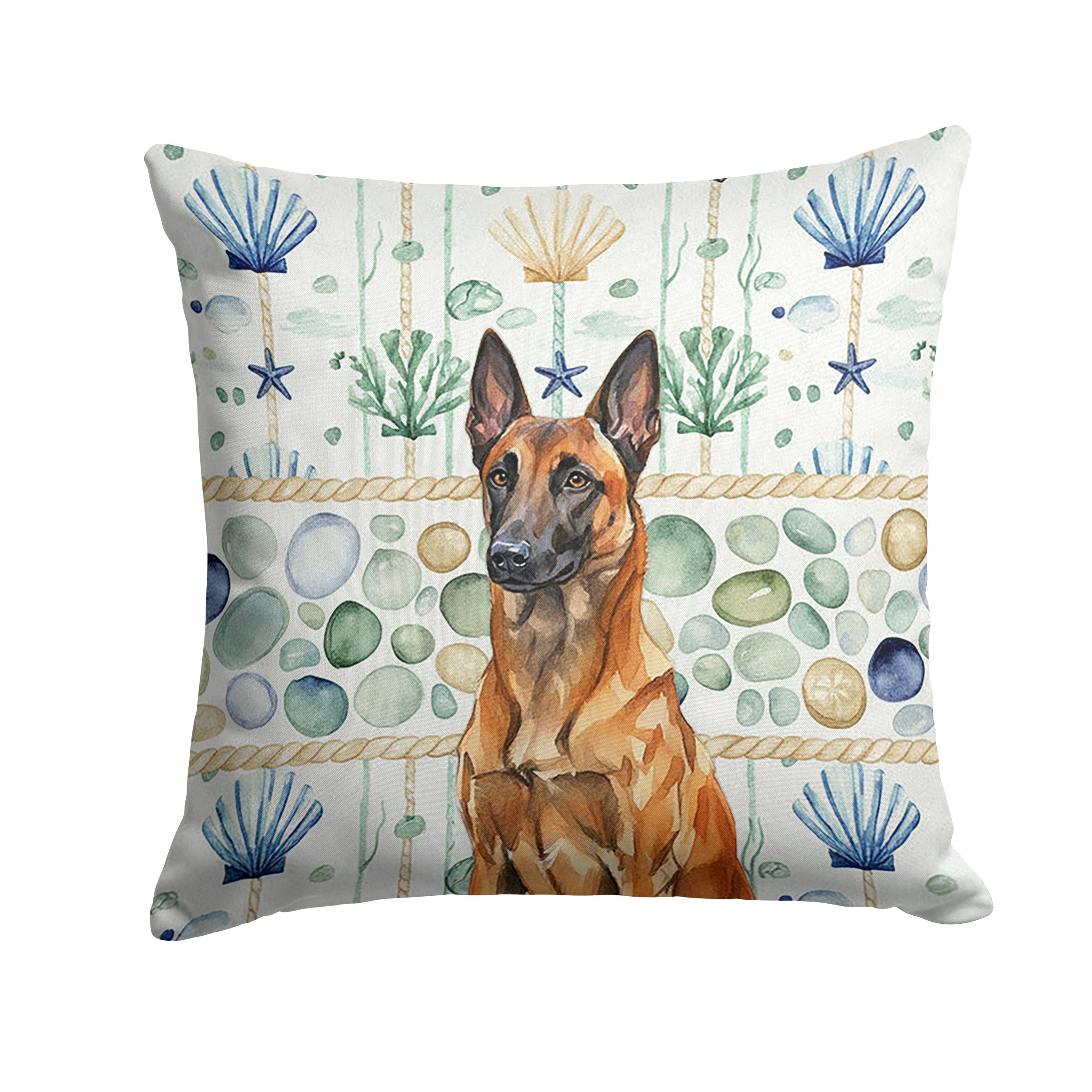 Mahogany Belgian Malinois Coastal Sea Glass Decorative Throw Pillow 18x18 Indoor Outdoor Accent Cushion, Fabric Cover with Insert for Sofa, Bed, Porch & Living Room