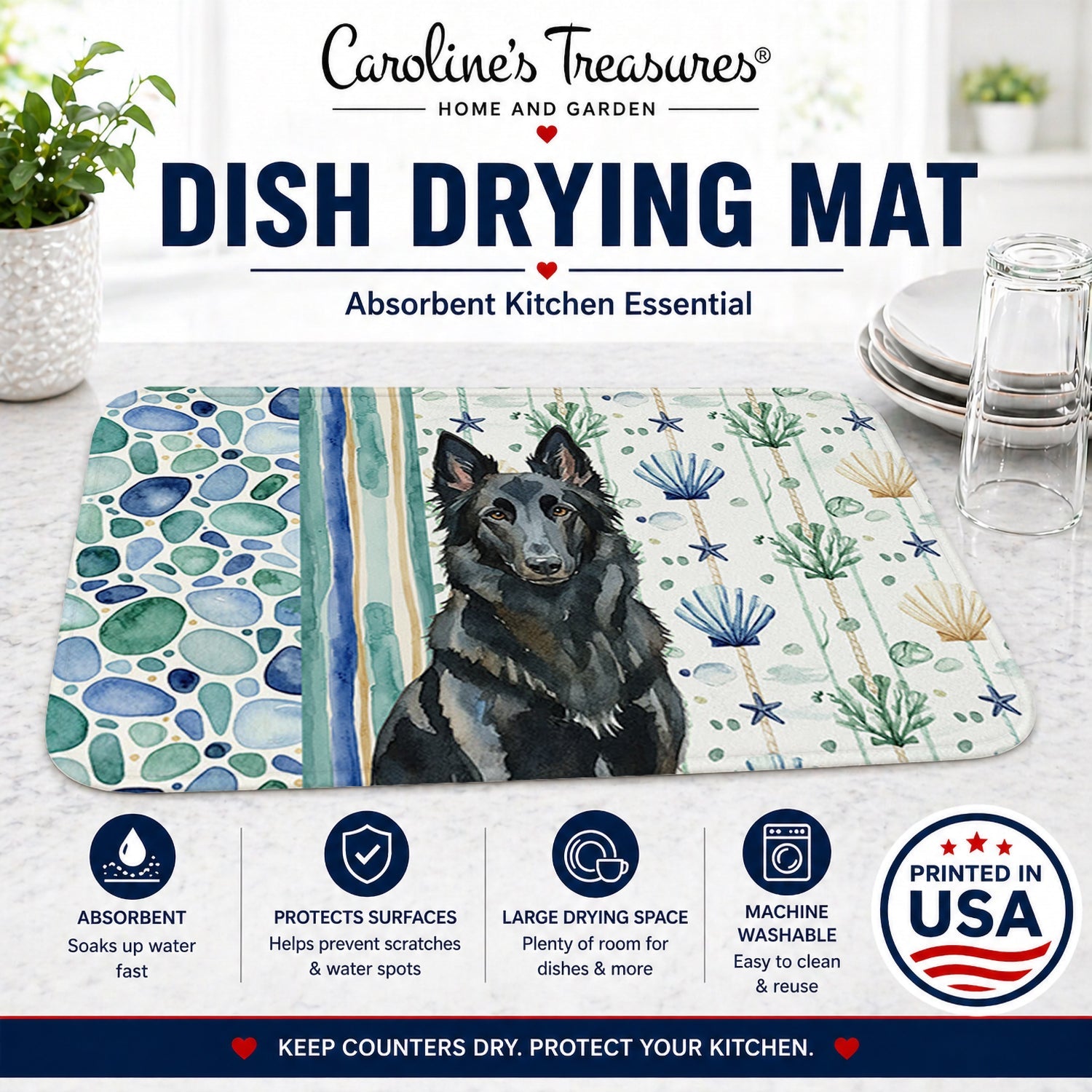 Belgian Sheepdog Groenendael Coastal Sea Glass Dish Drying Mat Absorbent Dish Drying Mat Pad for Kitchen Counter Dish Drainer Mat for Countertop, 14 x 21", Multicolor