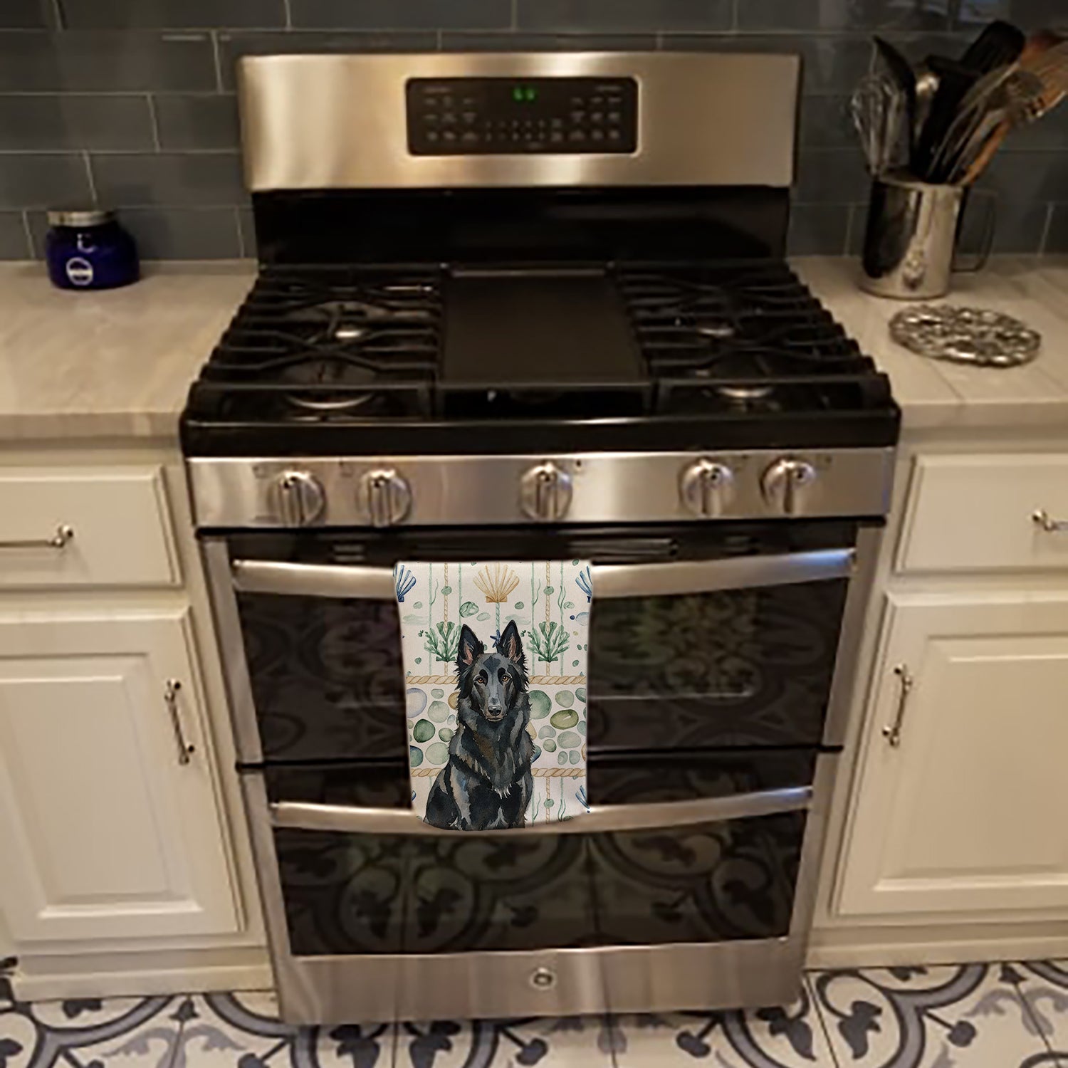 Belgian Sheepdog Groenendael Coastal Sea Glass Kitchen Towel Velour Plush Front and Cotton Loop Back Machine Washable