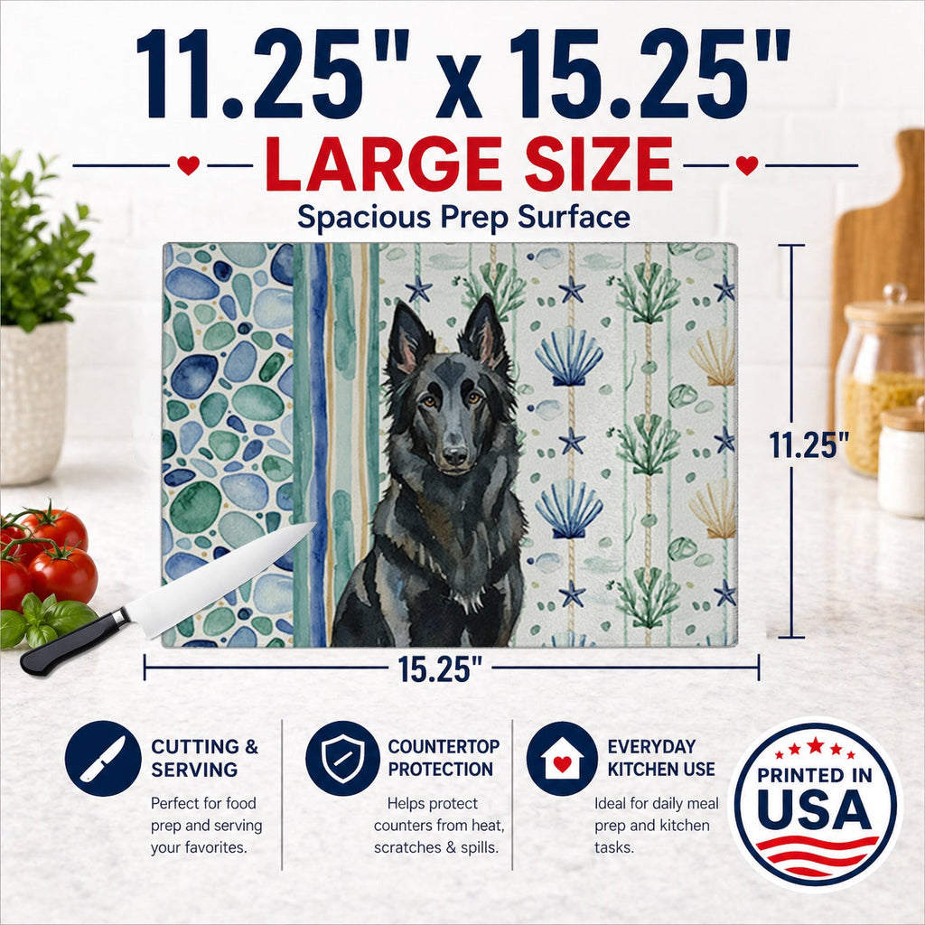 Belgian Sheepdog Groenendael Coastal Sea Glass Cutting Board Tempered Glass Kitchen Cutting Surface, Heat Resistant Chopping, Non-Slip Feet, Food Prep & Serving