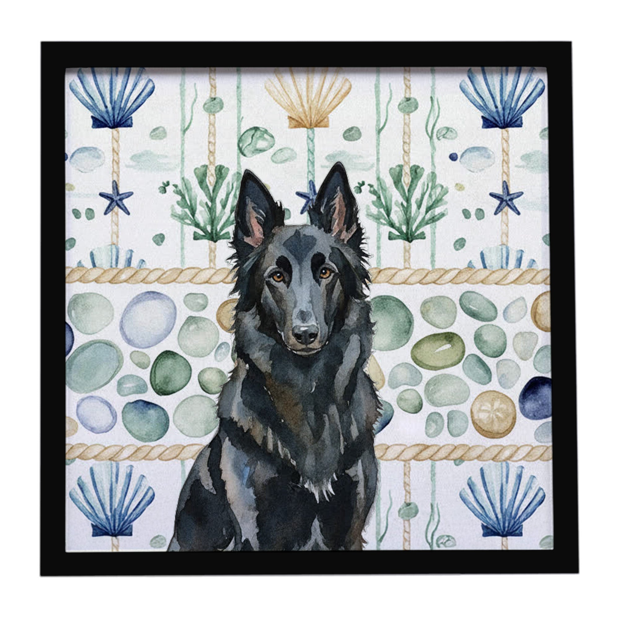 Belgian Sheepdog Groenendael Coastal Sea Glass Framed Metal Print Bathroom, Kitchen, Office, Home Decor Wall Art Ready to Hang, Square, 8X8