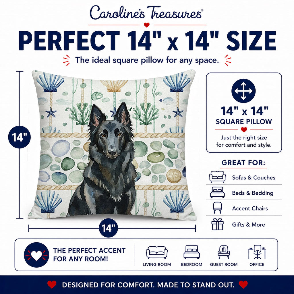Belgian Sheepdog Groenendael Coastal Sea Glass Decorative Throw Pillow 14x14 Indoor Outdoor Accent Cushion, Fabric Cover with Insert for Sofa, Bed, Porch & Living Room