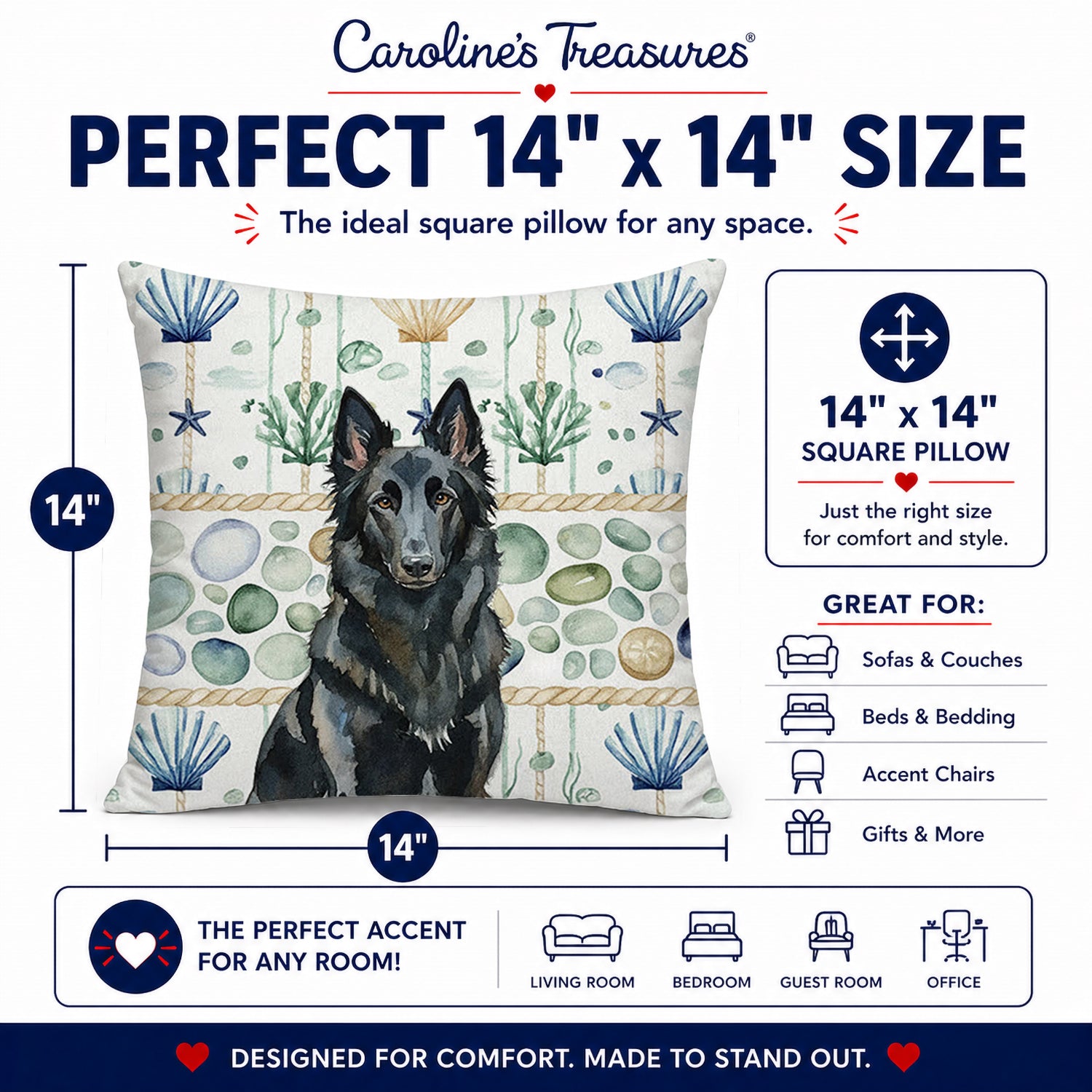 Belgian Sheepdog Groenendael Coastal Sea Glass Decorative Throw Pillow 14x14 Indoor Outdoor Accent Cushion, Fabric Cover with Insert for Sofa, Bed, Porch & Living Room