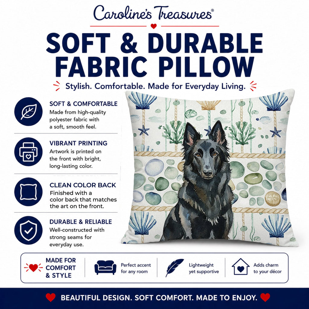 Belgian Sheepdog Groenendael Coastal Sea Glass Decorative Throw Pillow 18x18 Indoor Outdoor Accent Cushion, Fabric Cover with Insert for Sofa, Bed, Porch & Living Room