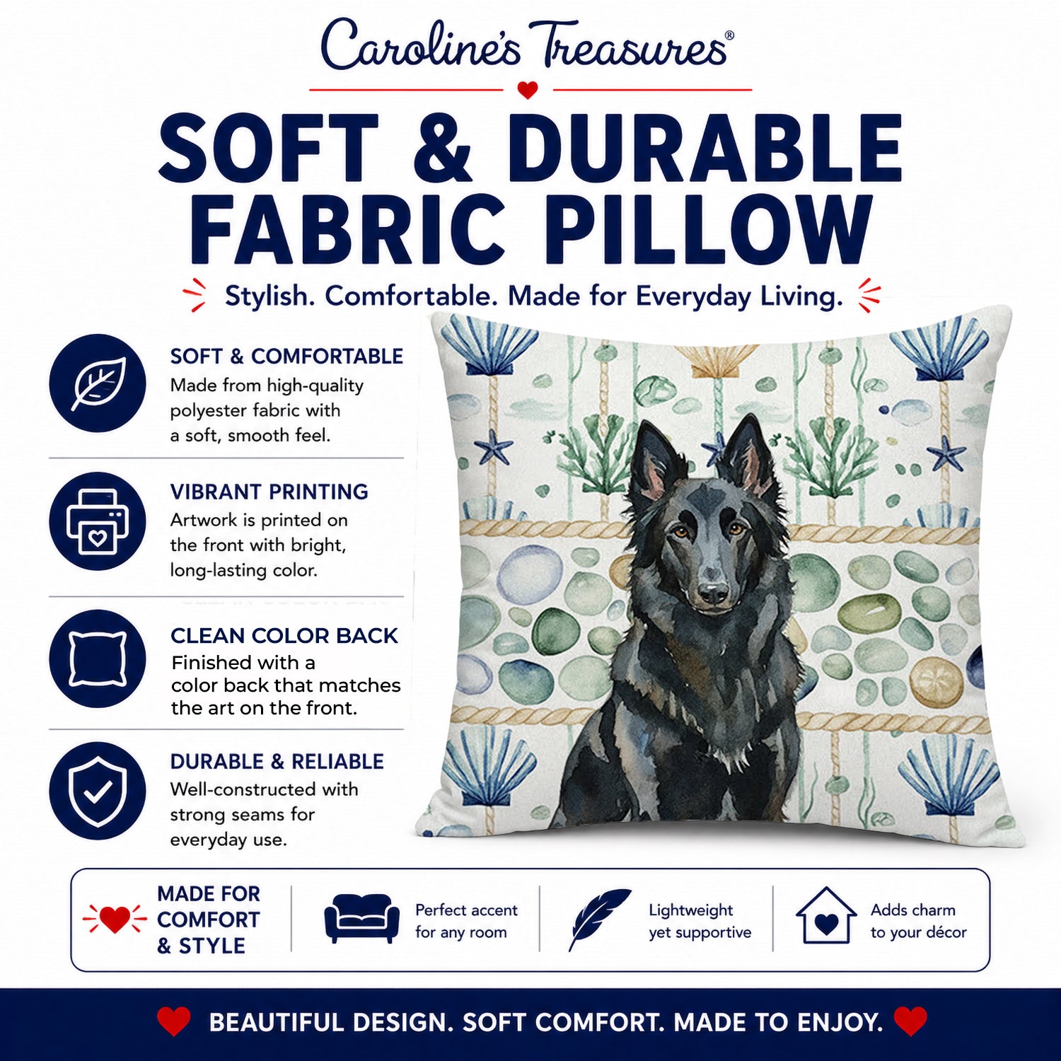Belgian Sheepdog Groenendael Coastal Sea Glass Decorative Throw Pillow 18x18 Indoor Outdoor Accent Cushion, Fabric Cover with Insert for Sofa, Bed, Porch & Living Room