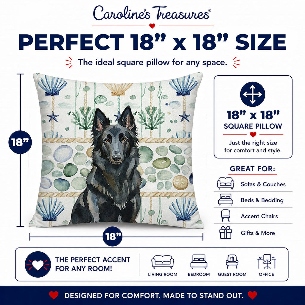 Belgian Sheepdog Groenendael Coastal Sea Glass Decorative Throw Pillow 18x18 Indoor Outdoor Accent Cushion, Fabric Cover with Insert for Sofa, Bed, Porch & Living Room