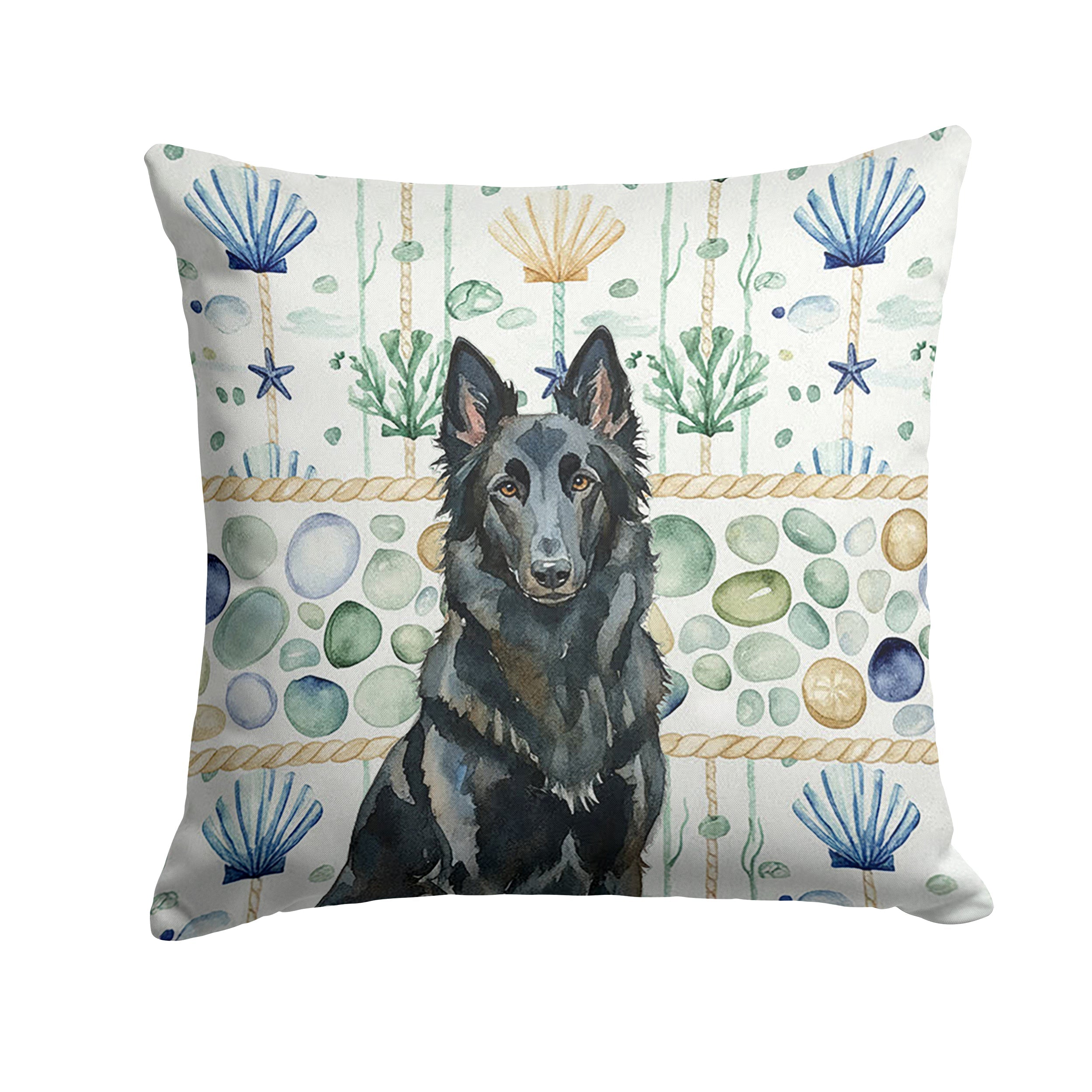 Belgian Sheepdog Groenendael Coastal Sea Glass Decorative Throw Pillow 18x18 Indoor Outdoor Accent Cushion, Fabric Cover with Insert for Sofa, Bed, Porch & Living Room