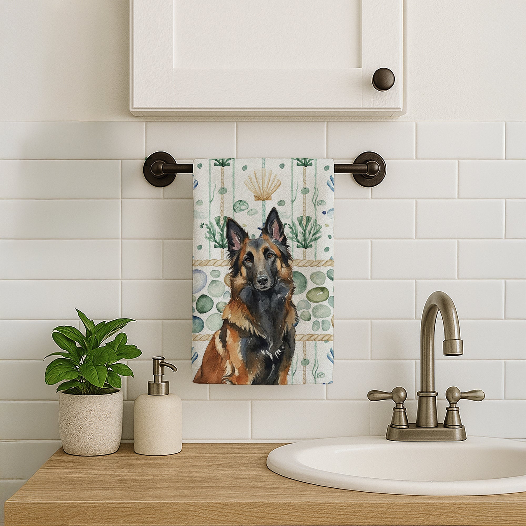 Belgian Tervuren Coastal Sea Glass Kitchen Towel Velour Plush Front and Cotton Loop Back Machine Washable
