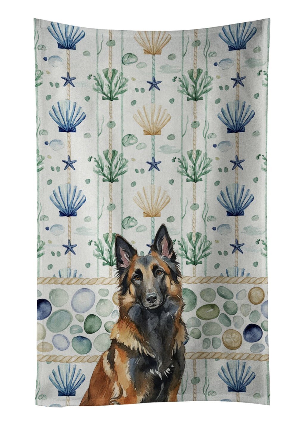 Belgian Tervuren Coastal Sea Glass Kitchen Towel Velour Plush Front and Cotton Loop Back Machine Washable