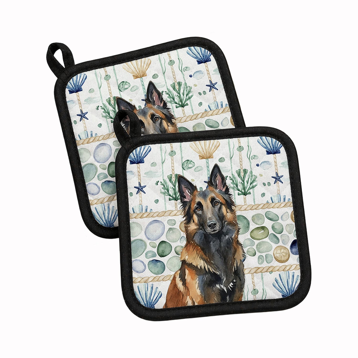 Belgian Tervuren Coastal Sea Glass Pot Holder Set of 2 Heat Resistant Quilted Hot Pads 7.5 x 7.5 Inch, Insulated Kitchen Trivets for Cooking & Baking