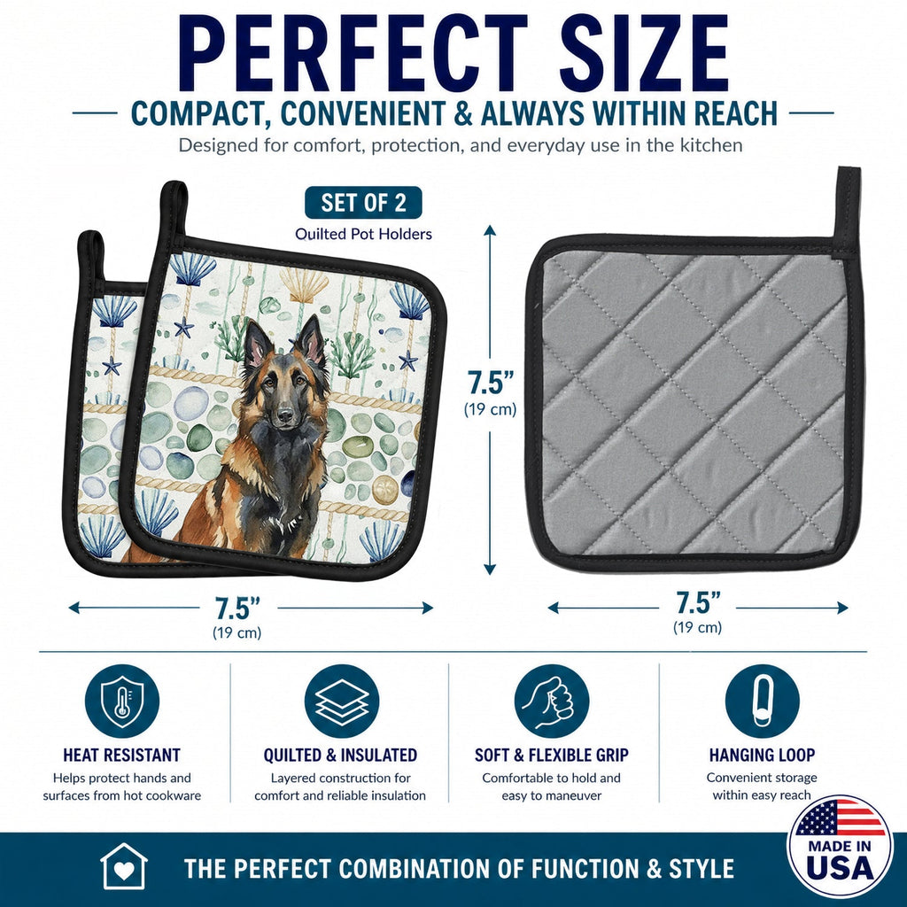 Belgian Tervuren Coastal Sea Glass Pot Holder Set of 2 Heat Resistant Quilted Hot Pads 7.5 x 7.5 Inch, Insulated Kitchen Trivets for Cooking & Baking