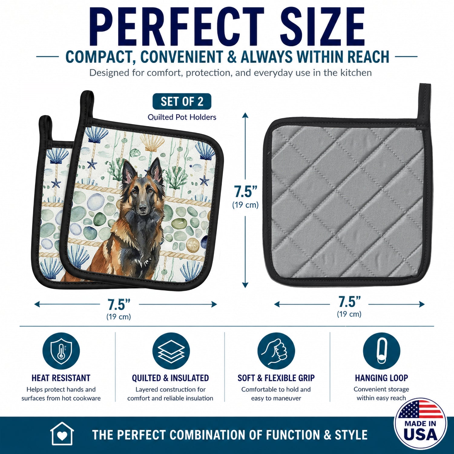 Belgian Tervuren Coastal Sea Glass Pot Holder Set of 2 Heat Resistant Quilted Hot Pads 7.5 x 7.5 Inch, Insulated Kitchen Trivets for Cooking & Baking
