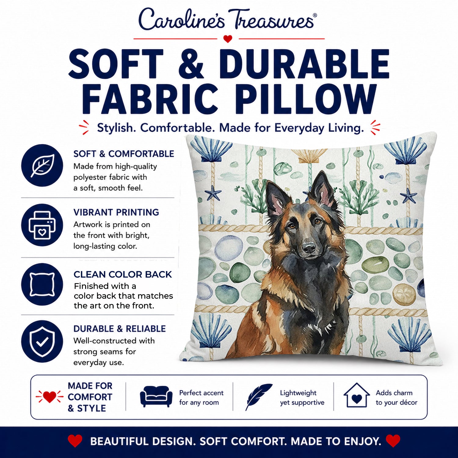 Belgian Tervuren Coastal Sea Glass Decorative Throw Pillow 14x14 Indoor Outdoor Accent Cushion, Fabric Cover with Insert for Sofa, Bed, Porch & Living Room
