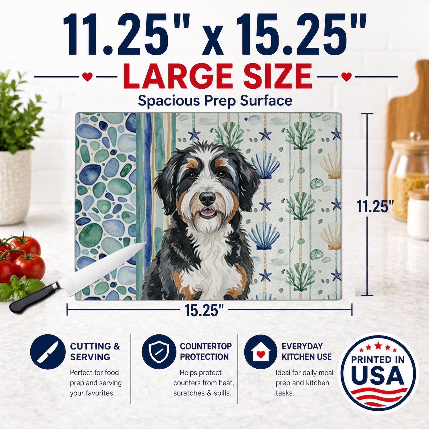 Berndoodle Coastal Sea Glass Cutting Board Tempered Glass Kitchen Cutting Surface, Heat Resistant Chopping, Non-Slip Feet, Food Prep & Serving