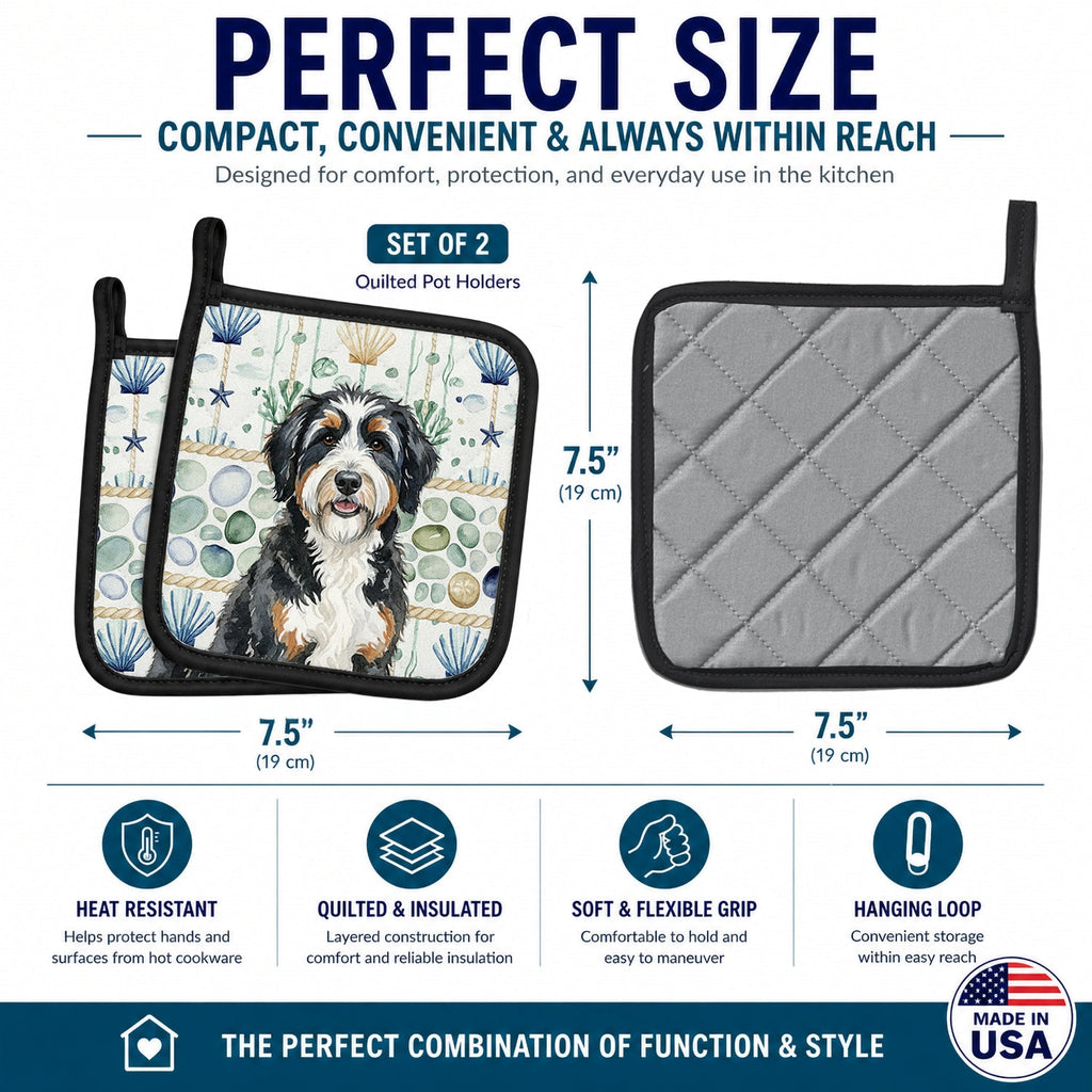 Berndoodle Coastal Sea Glass Pot Holder Set of 2 Heat Resistant Quilted Hot Pads 7.5 x 7.5 Inch, Insulated Kitchen Trivets for Cooking & Baking