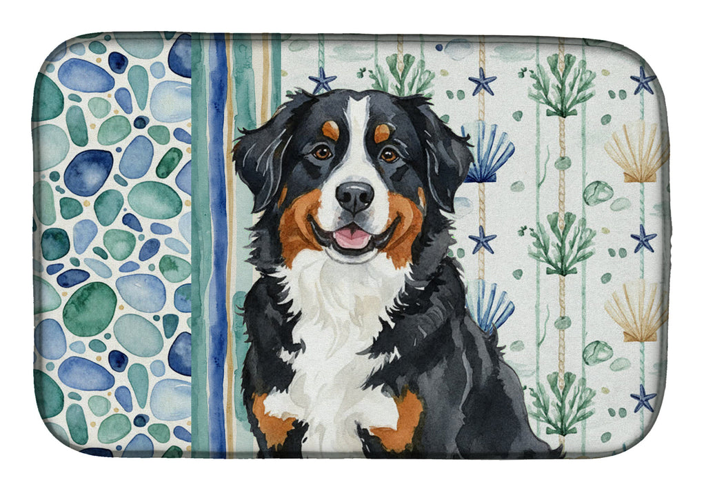 Bernese Mountain Dog Coastal Sea Glass Dish Drying Mat Absorbent Dish Drying Mat Pad for Kitchen Counter Dish Drainer Mat for Countertop, 14 x 21", Multicolor
