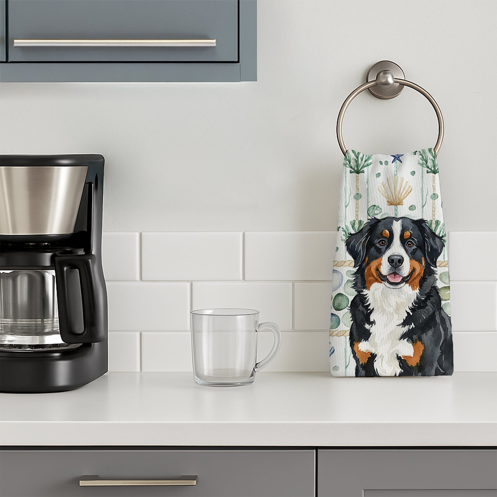 Bernese Mountain Dog Coastal Sea Glass Kitchen Towel Velour Plush Front and Cotton Loop Back Machine Washable