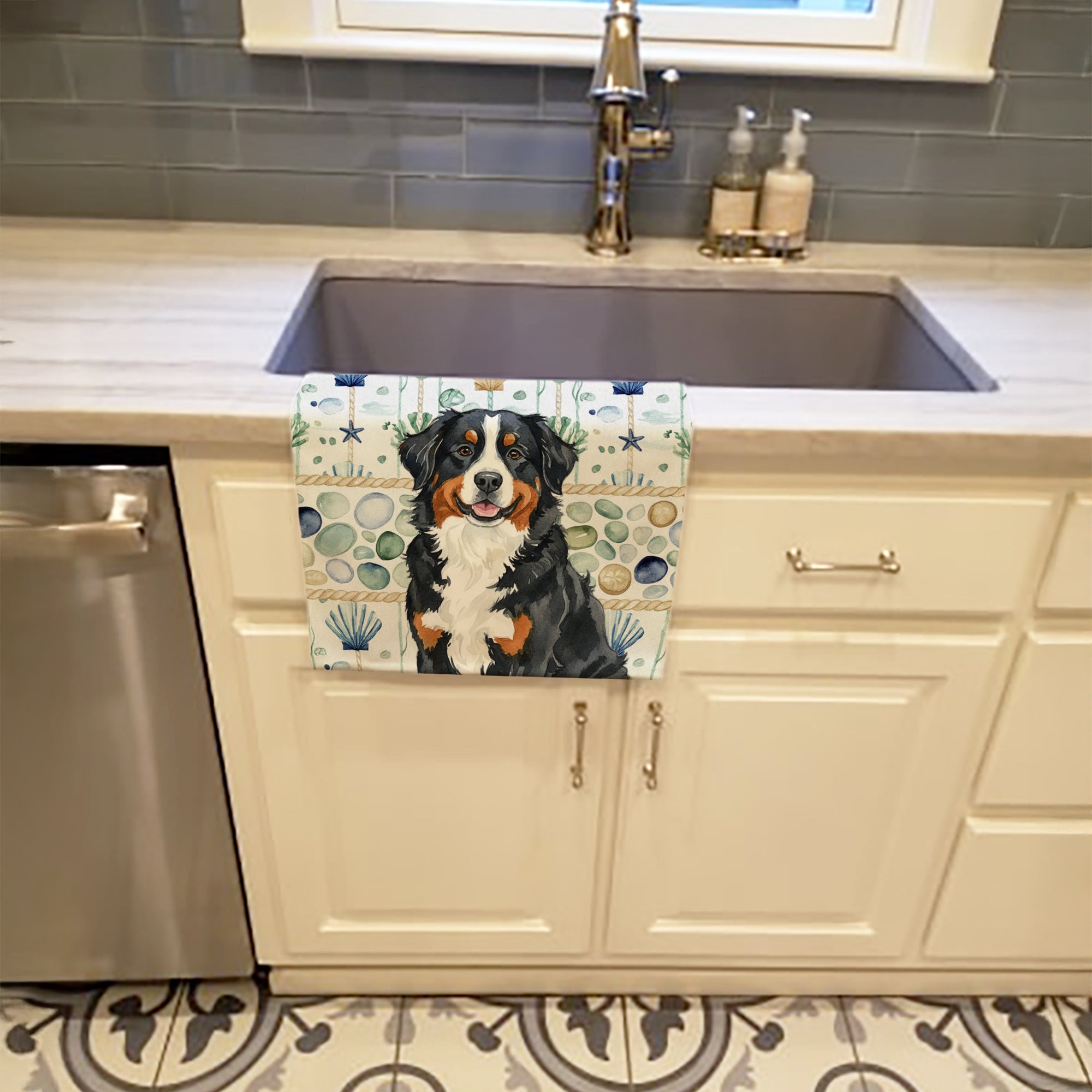 Bernese Mountain Dog Coastal Sea Glass Kitchen Towel Velour Plush Front and Cotton Loop Back Machine Washable