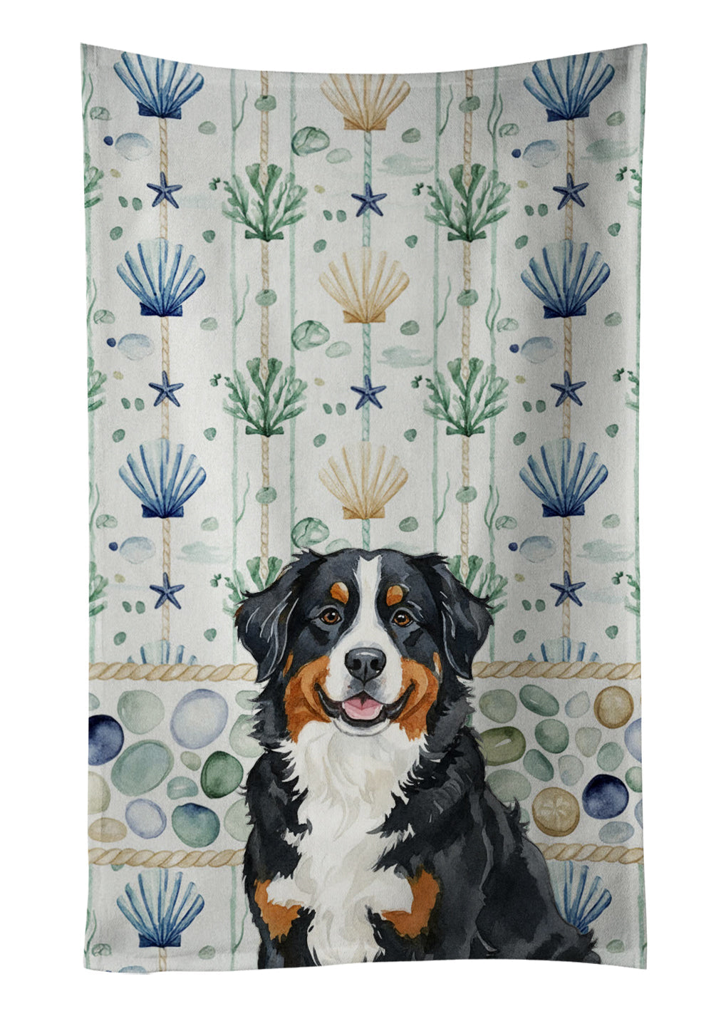 Bernese Mountain Dog Coastal Sea Glass Kitchen Towel Velour Plush Front and Cotton Loop Back Machine Washable