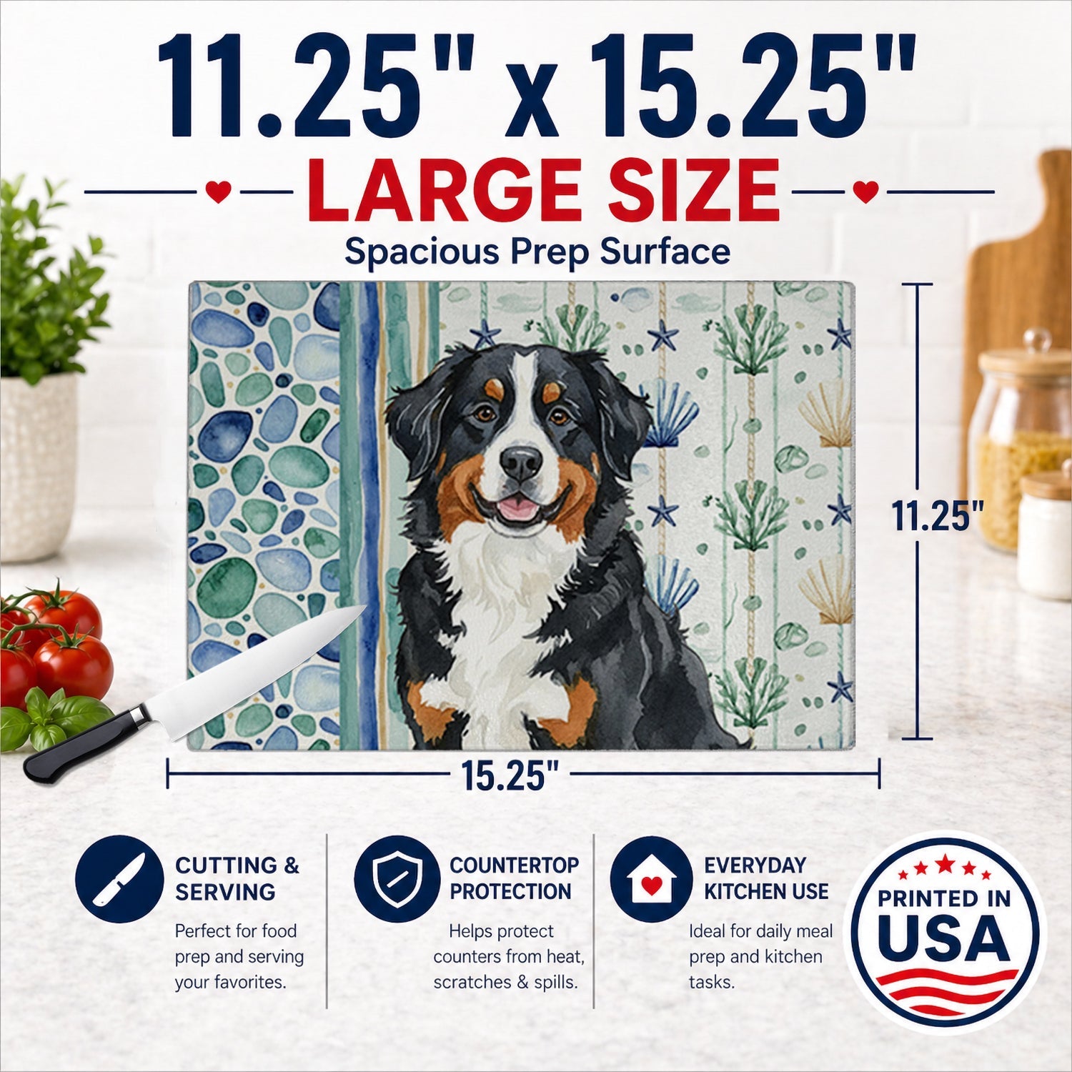 Bernese Mountain Dog Coastal Sea Glass Cutting Board Tempered Glass Kitchen Cutting Surface, Heat Resistant Chopping, Non-Slip Feet, Food Prep & Serving