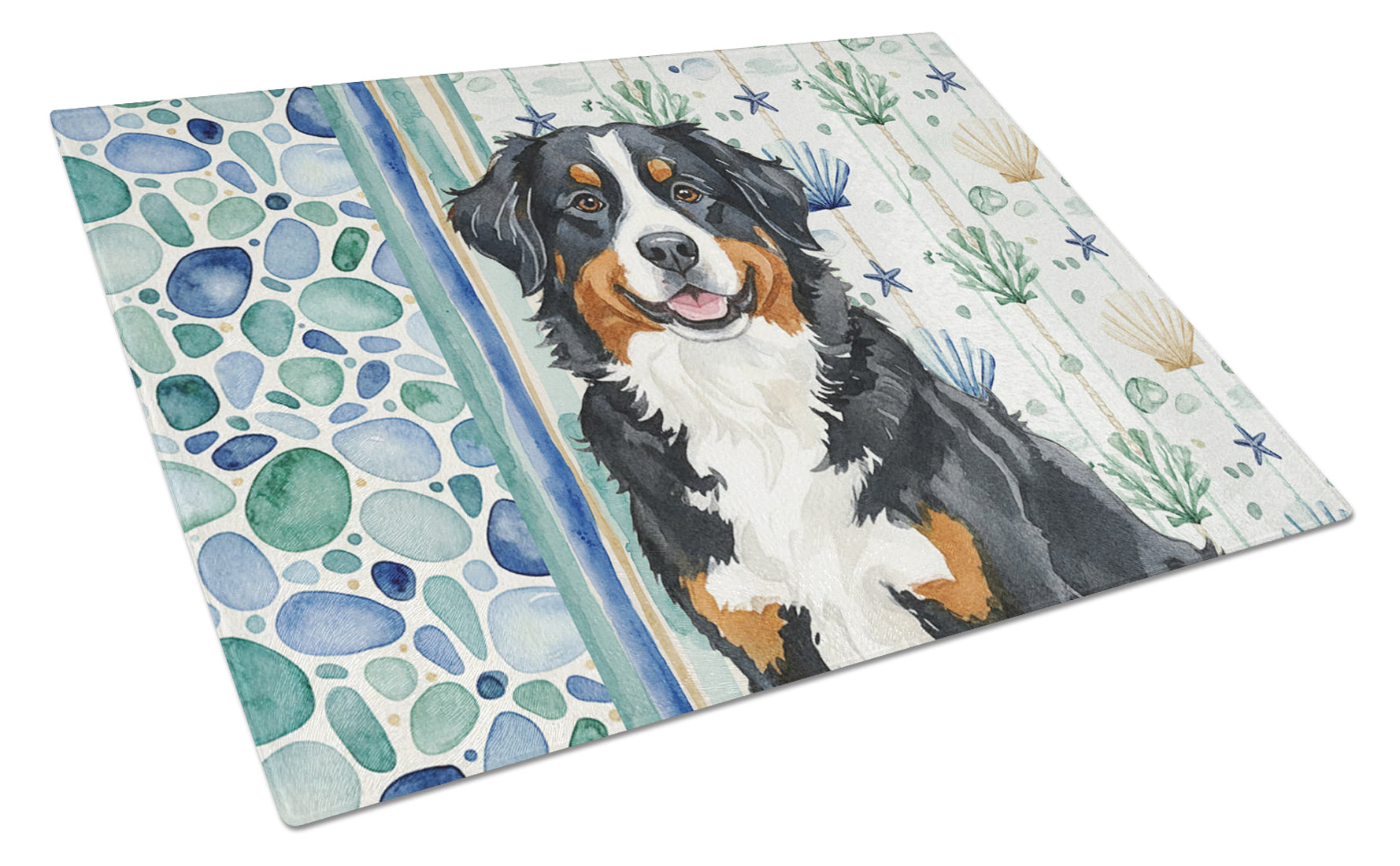 Bernese Mountain Dog Coastal Sea Glass Cutting Board Tempered Glass Kitchen Cutting Surface, Heat Resistant Chopping, Non-Slip Feet, Food Prep & Serving