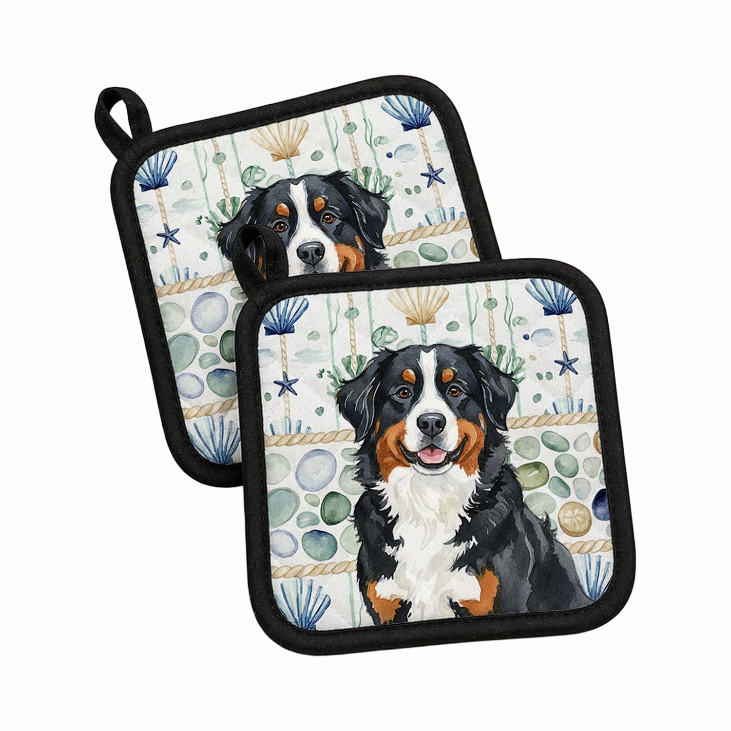 Bernese Mountain Dog Coastal Sea Glass Pot Holder Set of 2 Heat Resistant Quilted Hot Pads 7.5 x 7.5 Inch, Insulated Kitchen Trivets for Cooking & Baking