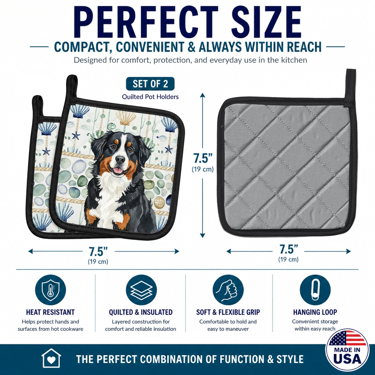 Bernese Mountain Dog Coastal Sea Glass Pot Holder Set of 2 Heat Resistant Quilted Hot Pads 7.5 x 7.5 Inch, Insulated Kitchen Trivets for Cooking & Baking