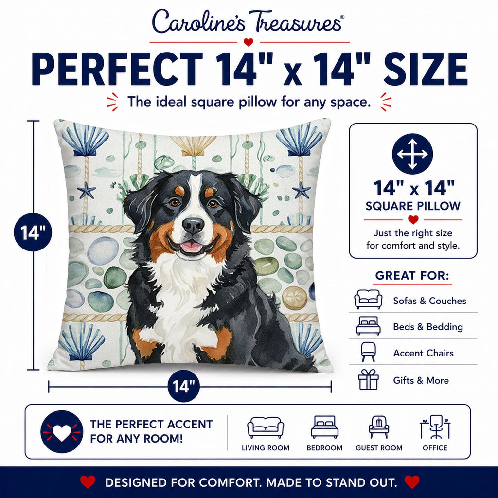 Bernese Mountain Dog Coastal Sea Glass Decorative Throw Pillow 14x14 Indoor Outdoor Accent Cushion, Fabric Cover with Insert for Sofa, Bed, Porch & Living Room
