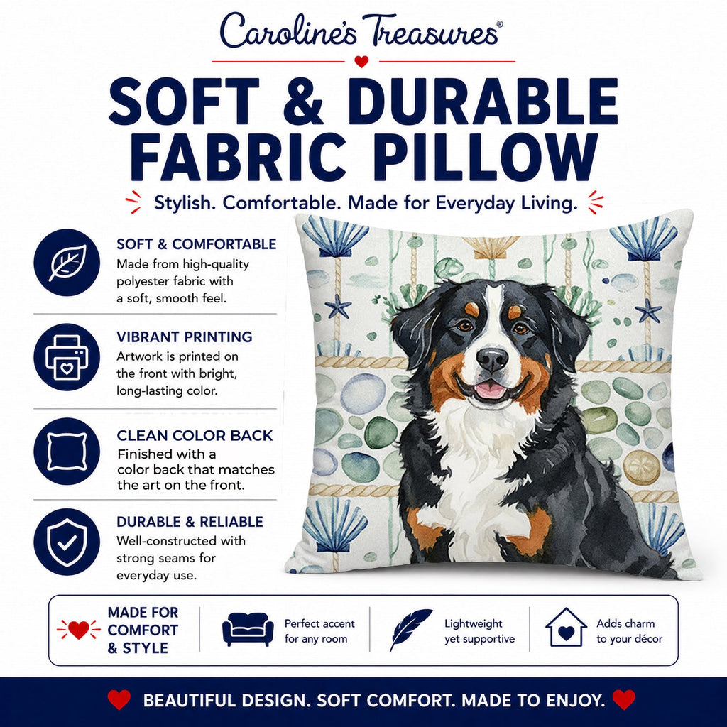 Bernese Mountain Dog Coastal Sea Glass Decorative Throw Pillow 18x18 Indoor Outdoor Accent Cushion, Fabric Cover with Insert for Sofa, Bed, Porch & Living Room