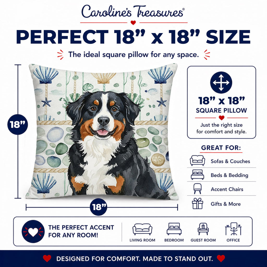 Bernese Mountain Dog Coastal Sea Glass Decorative Throw Pillow 18x18 Indoor Outdoor Accent Cushion, Fabric Cover with Insert for Sofa, Bed, Porch & Living Room