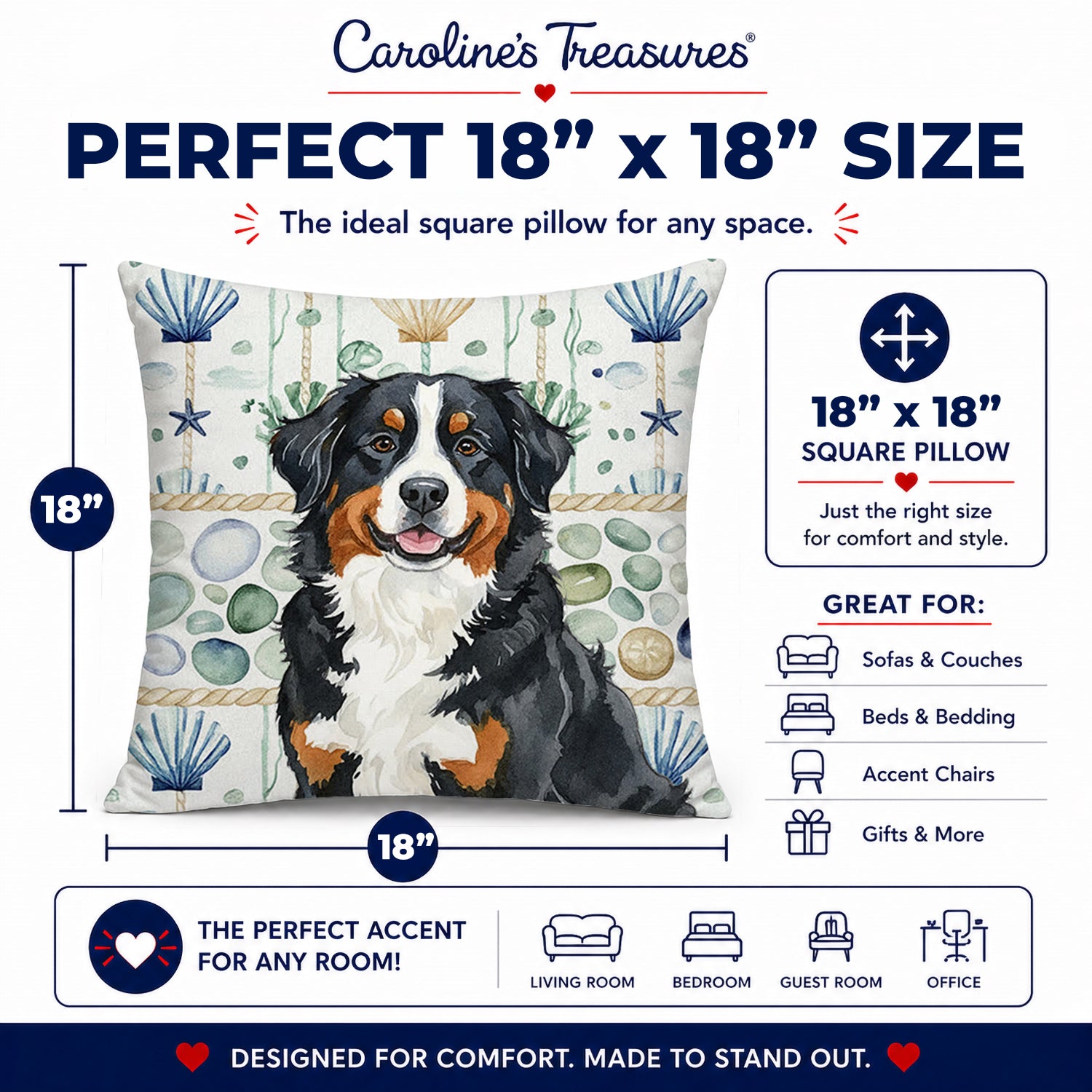Bernese Mountain Dog Coastal Sea Glass Decorative Throw Pillow 18x18 Indoor Outdoor Accent Cushion, Fabric Cover with Insert for Sofa, Bed, Porch & Living Room