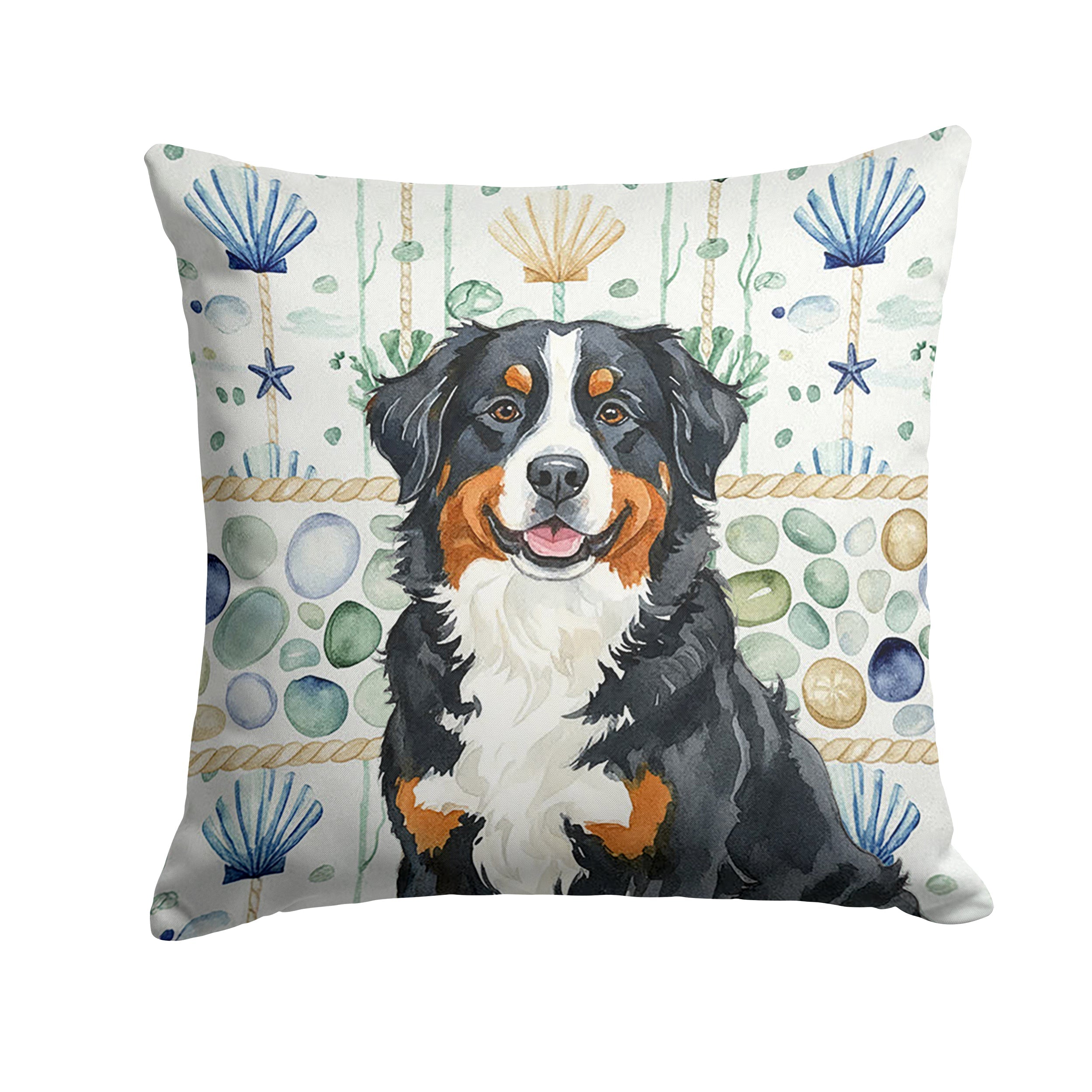 Bernese Mountain Dog Coastal Sea Glass Decorative Throw Pillow 18x18 Indoor Outdoor Accent Cushion, Fabric Cover with Insert for Sofa, Bed, Porch & Living Room