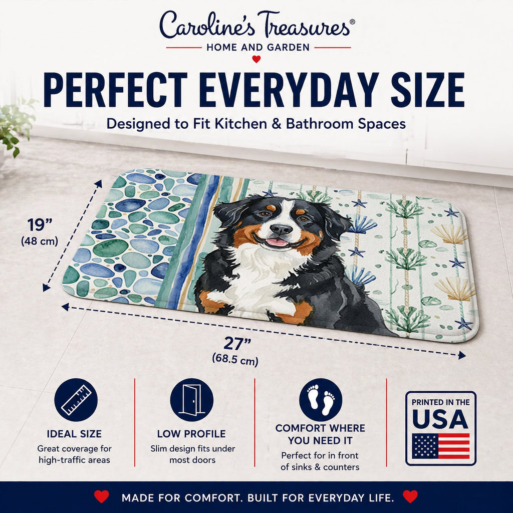 Bernese Mountain Dog Coastal Sea Glass Memory Foam Kitchen Mat Machine Washable Anti-Fatigue Cushion Comfort Bath or Kitchen Rug