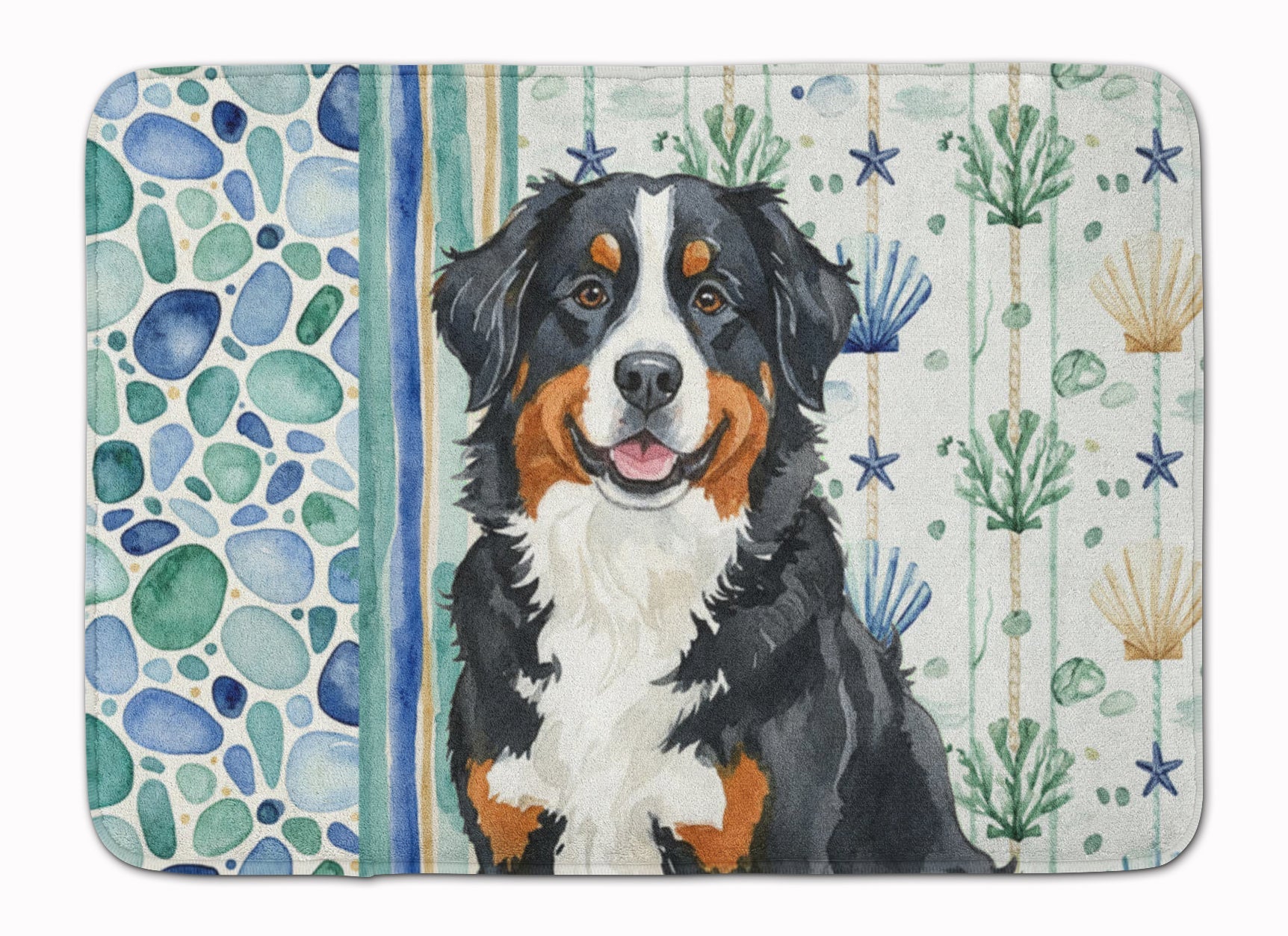 Bernese Mountain Dog Coastal Sea Glass Memory Foam Kitchen Mat Machine Washable Anti-Fatigue Cushion Comfort Bath or Kitchen Rug