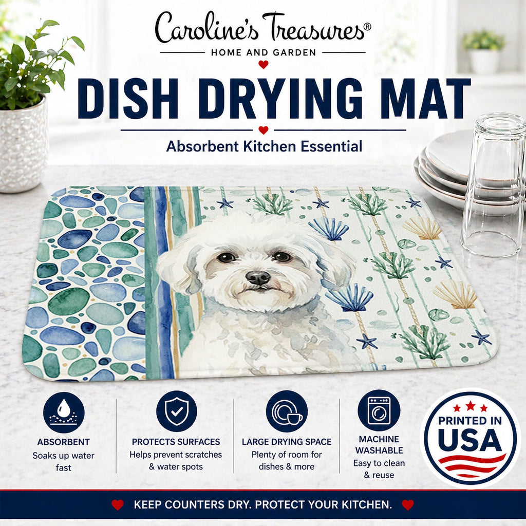 Bichon Frise Coastal Sea Glass Dish Drying Mat Absorbent Dish Drying Mat Pad for Kitchen Counter Dish Drainer Mat for Countertop, 14 x 21", Multicolor