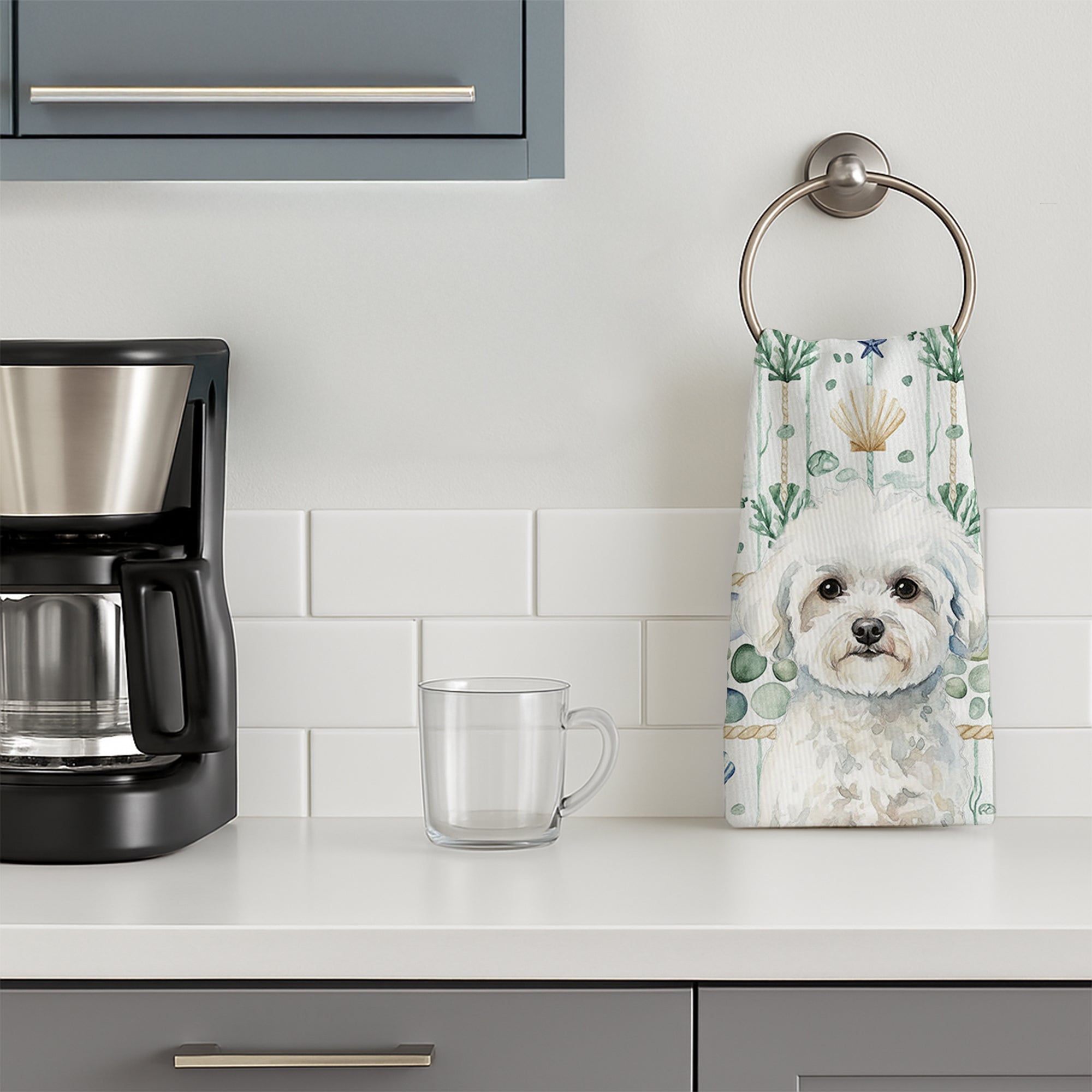 Bichon Frise Coastal Sea Glass Kitchen Towel Velour Plush Front and Cotton Loop Back Machine Washable