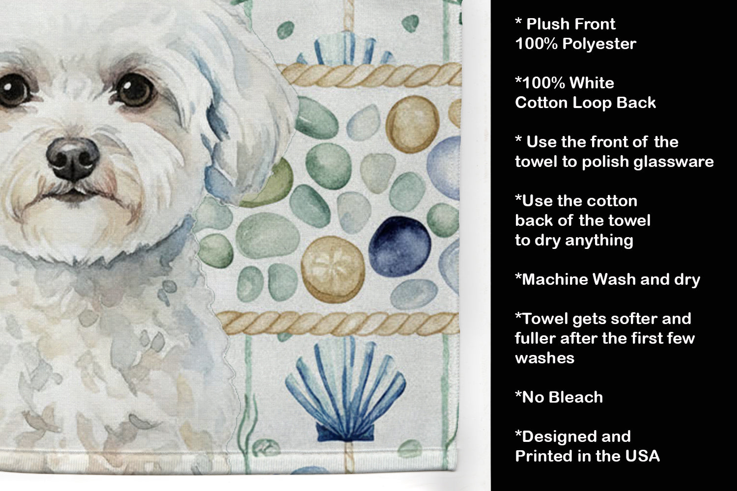Bichon Frise Coastal Sea Glass Kitchen Towel Velour Plush Front and Cotton Loop Back Machine Washable